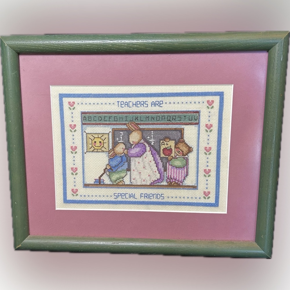 “Teachers are Special Friends” Rabbits & Bear Cross Stitch Needlepoint Framed